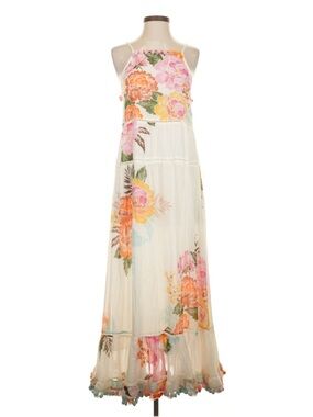 Farm Rio Cream Floral Midi Dress with Pink and Orange Blooms and Pom Poms
